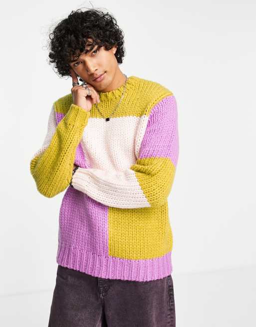 ASOS DESIGN knitted color block sweater in plush yarn