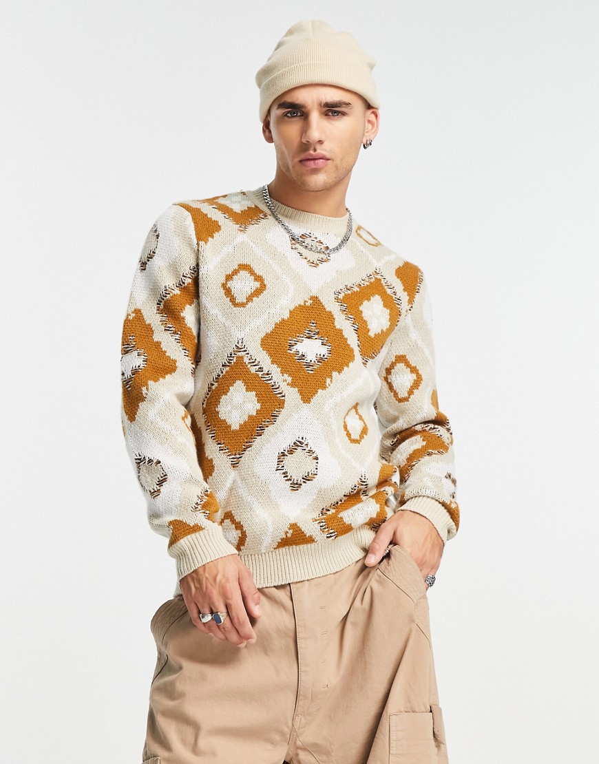 ASOS DESIGN hand knit texture jumper with geo print-Neutral
