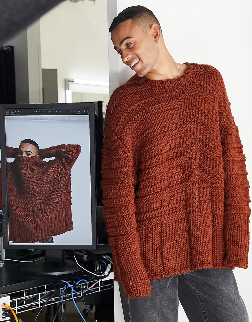 ASOS DESIGN hand knit-look rib sweater in dark brown