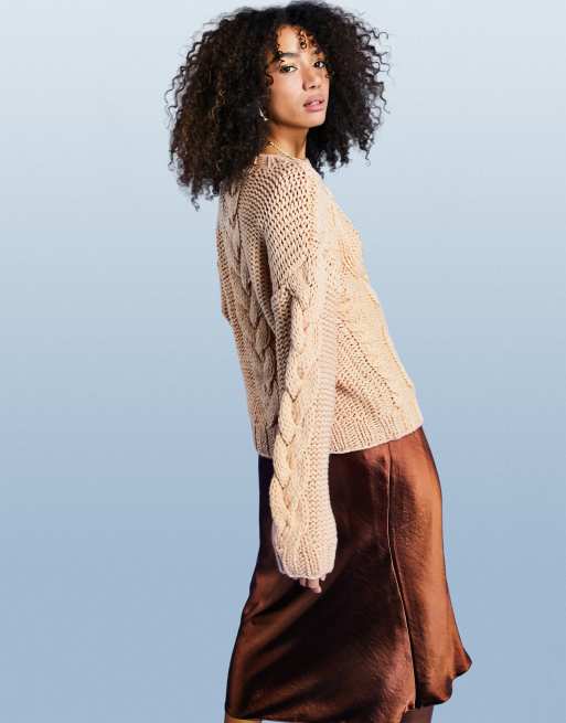 ASOS DESIGN hand knitted cable jumper in camel, 3 of 4