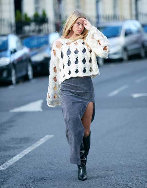 ASOS DESIGN hand knitted high neck sweater with open cable detail in cream