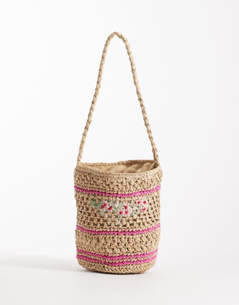 ASOS DESIGN - Handgehaakte bucket tas van stro met bloemendetail in naturel - view 1