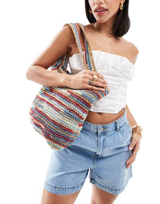 ASOS DESIGN - Håndhæklet totebag i strå i flerfarvede striber 
