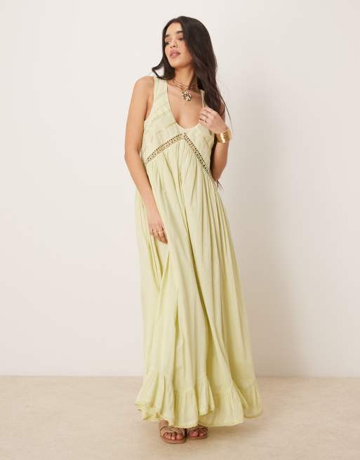 ASOS DESIGN handkerchief hem maxi sundress with scoop neck in washed lime , 2 of 4