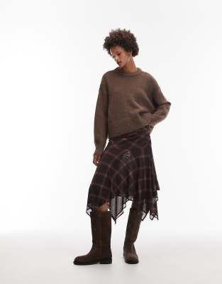 Asos Design Handkerchief Hem Mesh Skirt In Brown