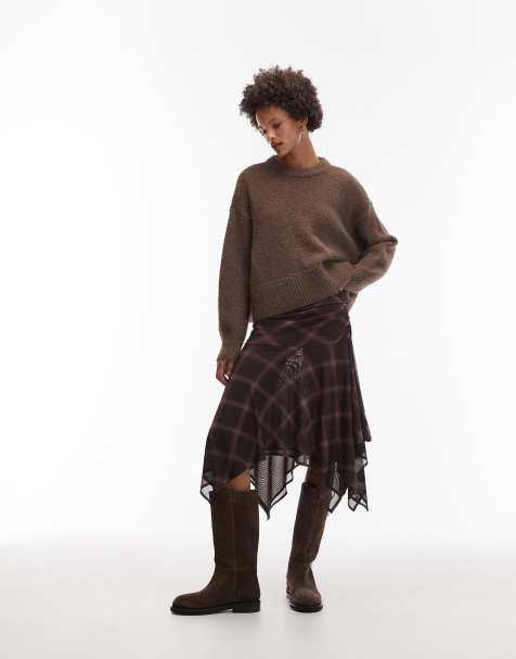 ASOS DESIGN handkerchief hem mesh skirt in brown plaid print - part of a set - view 1