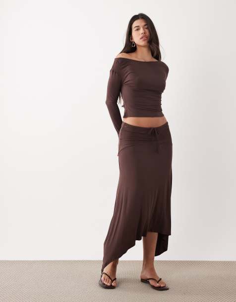 ASOS DESIGN handkerchief hem midi skirt in chocolate - part of a set - view 1