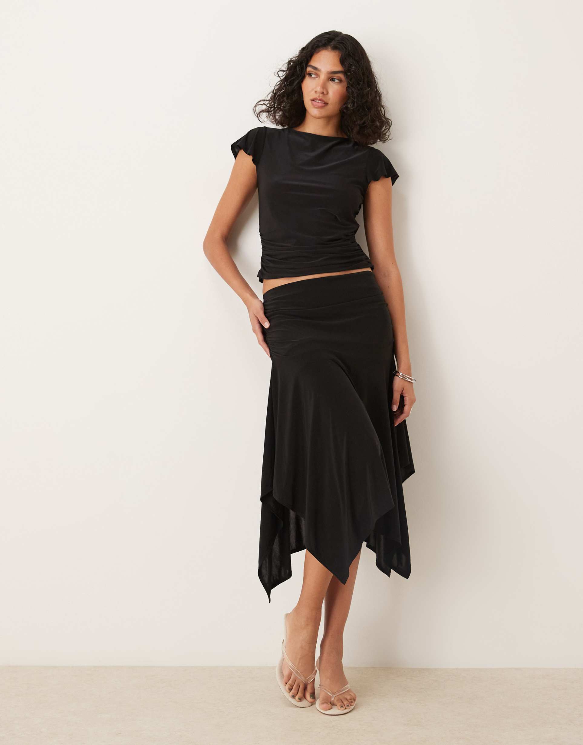 asos design handkerchief hem skirt in black - part of a set