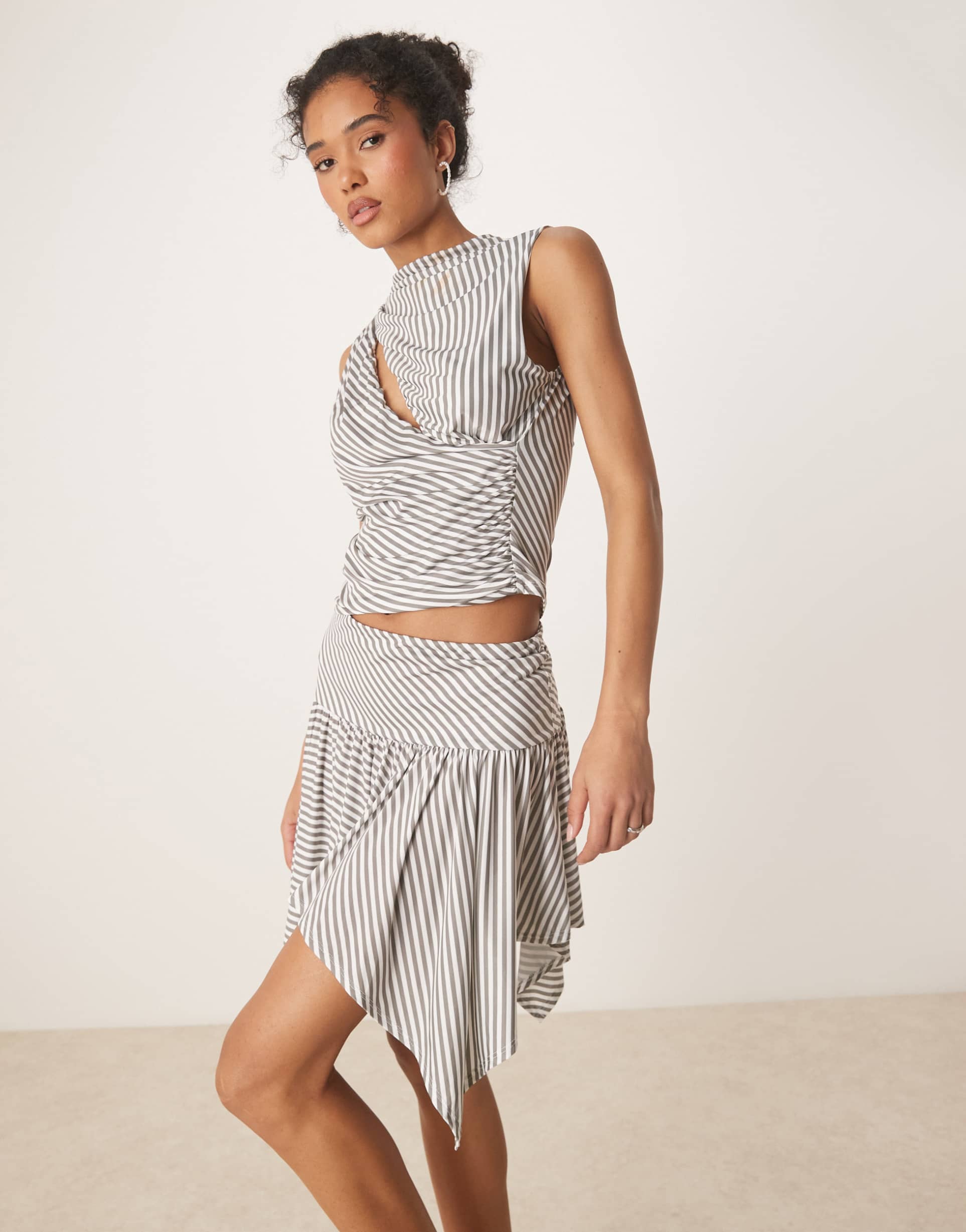 asos design handkerchief hem skirt in gray stripes - part of a set