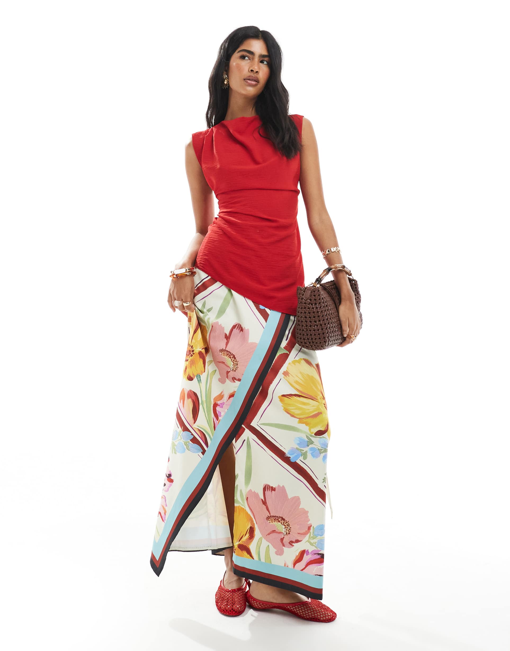 asos design handkerchief maxi skirt in scarf print