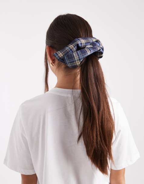 ASOS DESIGN handkerchief style scrunchie in blue tartan check - view 1
