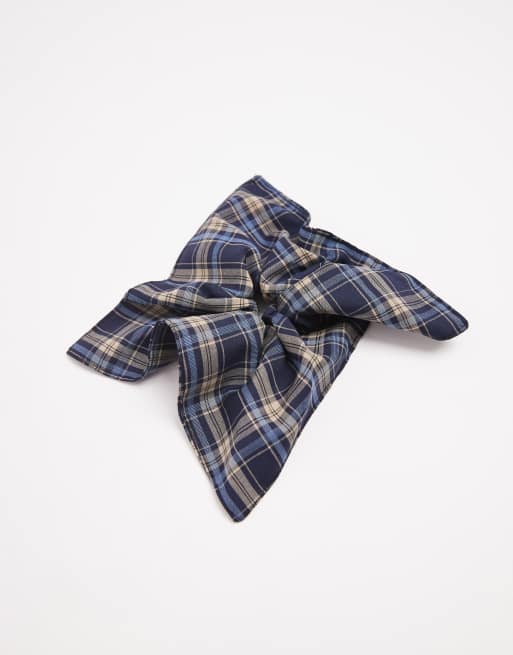 ASOS DESIGN handkerchief style scrunchie in blue tartan plaid, 2 of 3