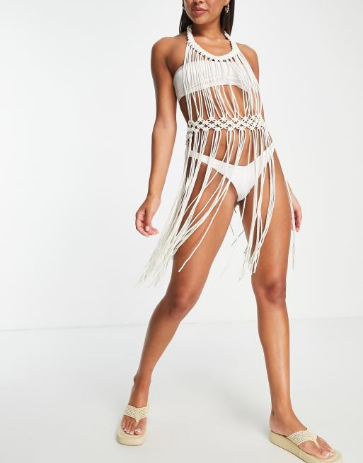 ASOS DESIGN Fringed Plunge Fishnet Swimsuit