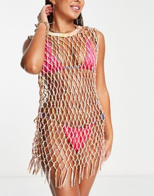 ASOS DESIGN handmade macrame tassel mini beach dress in tie dye