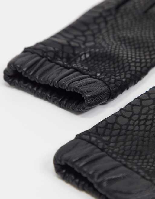 ASOS DESIGN – Handschuhe aus Leder mit glänzendem Schlangenprint und gerafftem Bündchen in Schwarz, 3 von 4