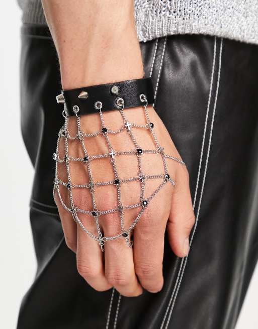 ASOS DESIGN - Handsierraad met kettingdetail en spikes in zwart imitatieleer