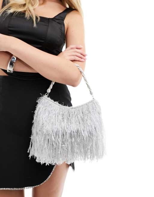 ASOS DESIGN - Handtas met imitatieveertjes en gedraaid handvat met siersteentjes en parels in grijs