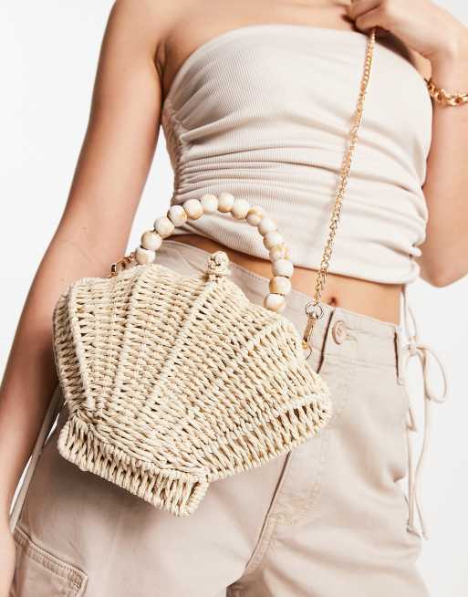 ASOS DESIGN Handtas van riet en schelp met kralenhandvat en afneembare crossbody band in naturel