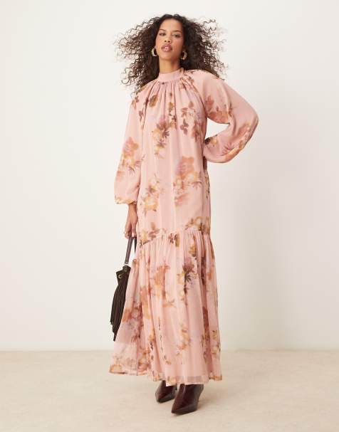 ASOS DESIGN – Hänger-Maxikleid mit verschwommenem Blumenprint in Rosa und Schleife zum Binden am Rücken - view 1