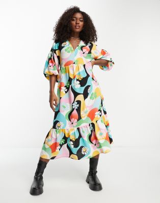 ASOS DESIGN - Hänger-Midikleid zum Reinschlüpfen mit Retro-Print in leuchtenden Farben-Bunt