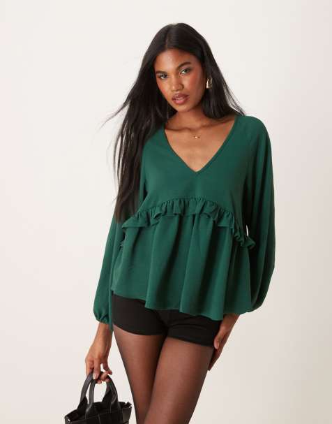 ASOS DESIGN – Hänger-Top in Grün mit V-Ausschnitt und Rüschen - view 1