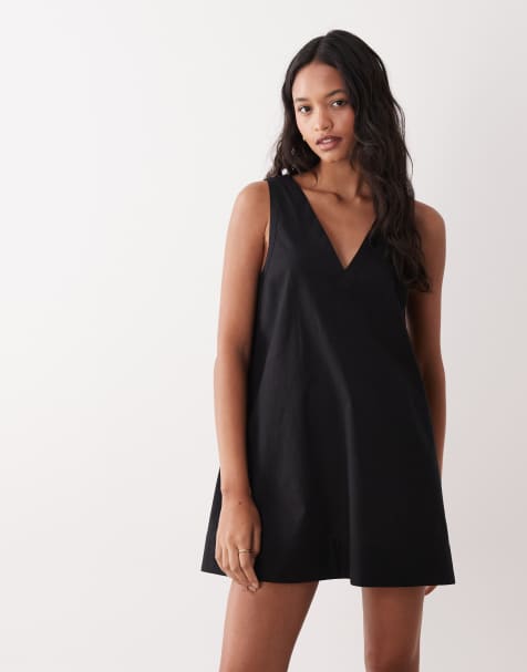 ASOS DESIGN – Hängerkleid in Minilänge für den Sommer mit V-Ausschnitt in Schwarz - view 1