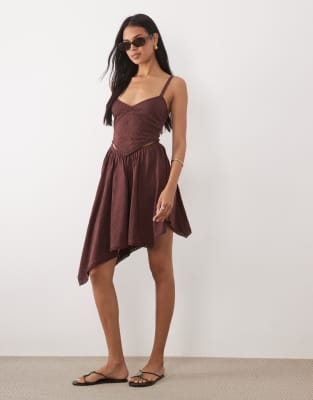 Asos Design Hanky Hem Embroidered Detail Dress In Brown