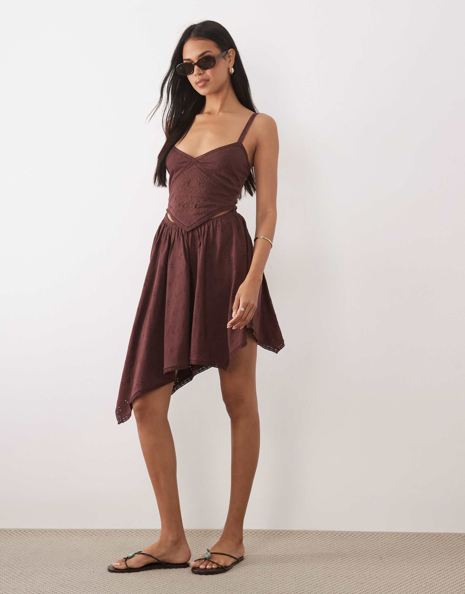 asos design hanky hem embroidered detail dress in brown