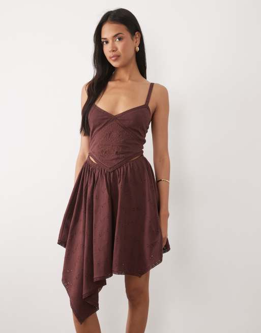 ASOS DESIGN hanky hem embroidered detail dress in brown, 3 of 4