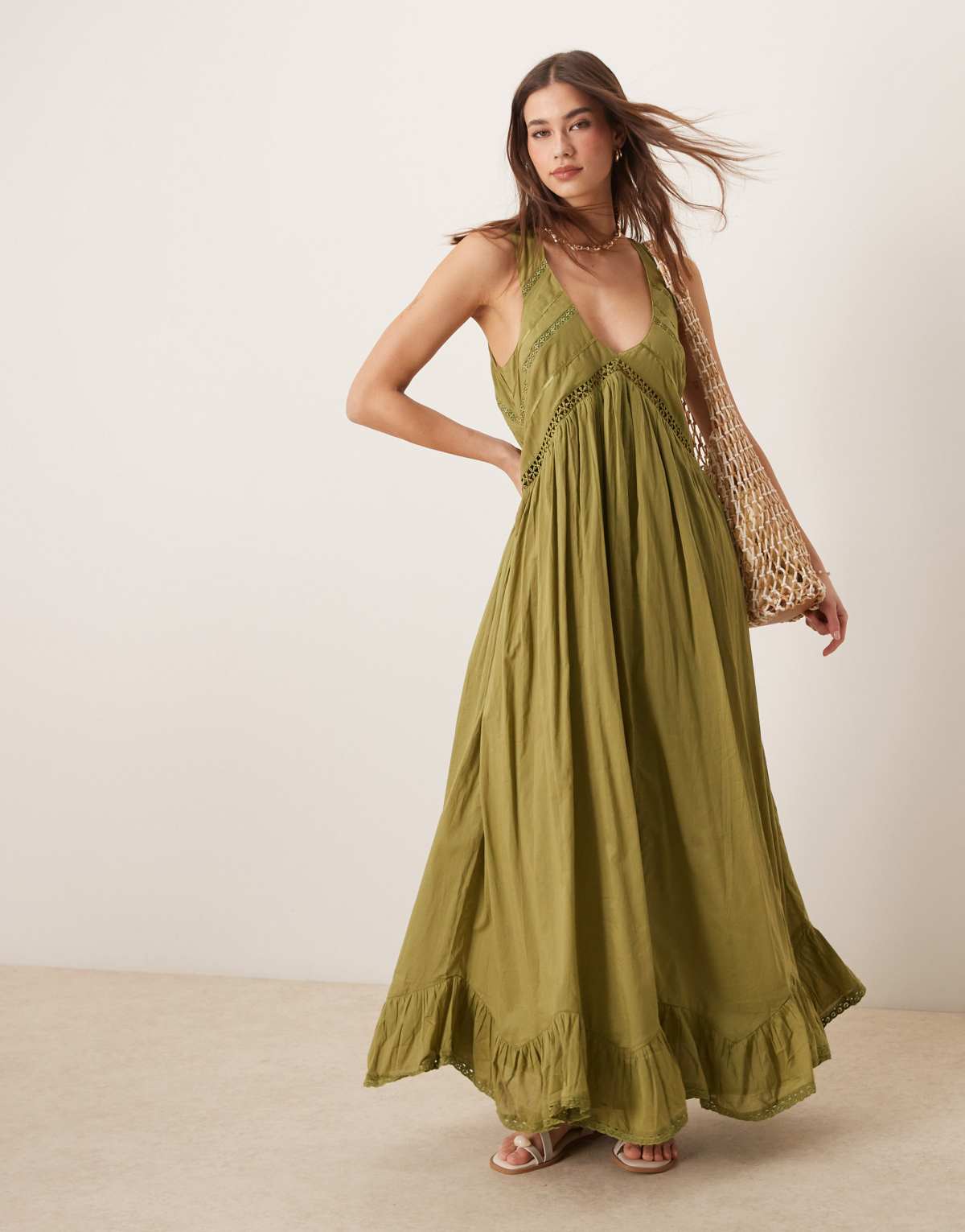 ASOS DESIGN hanky hem maxi dress with scoop neck in olive