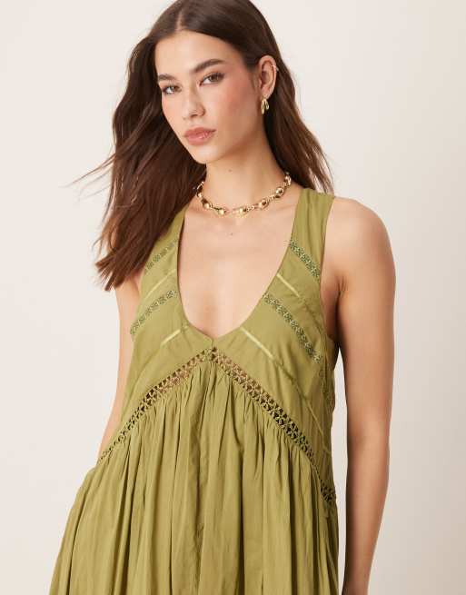 ASOS DESIGN hanky hem maxi dress with scoop neck in olive, 3 of 4