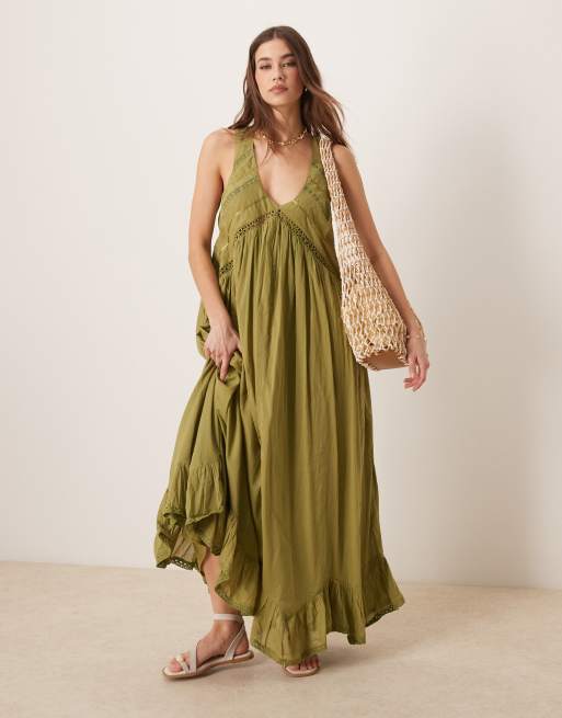 ASOS DESIGN hanky hem maxi dress with scoop neck in olive