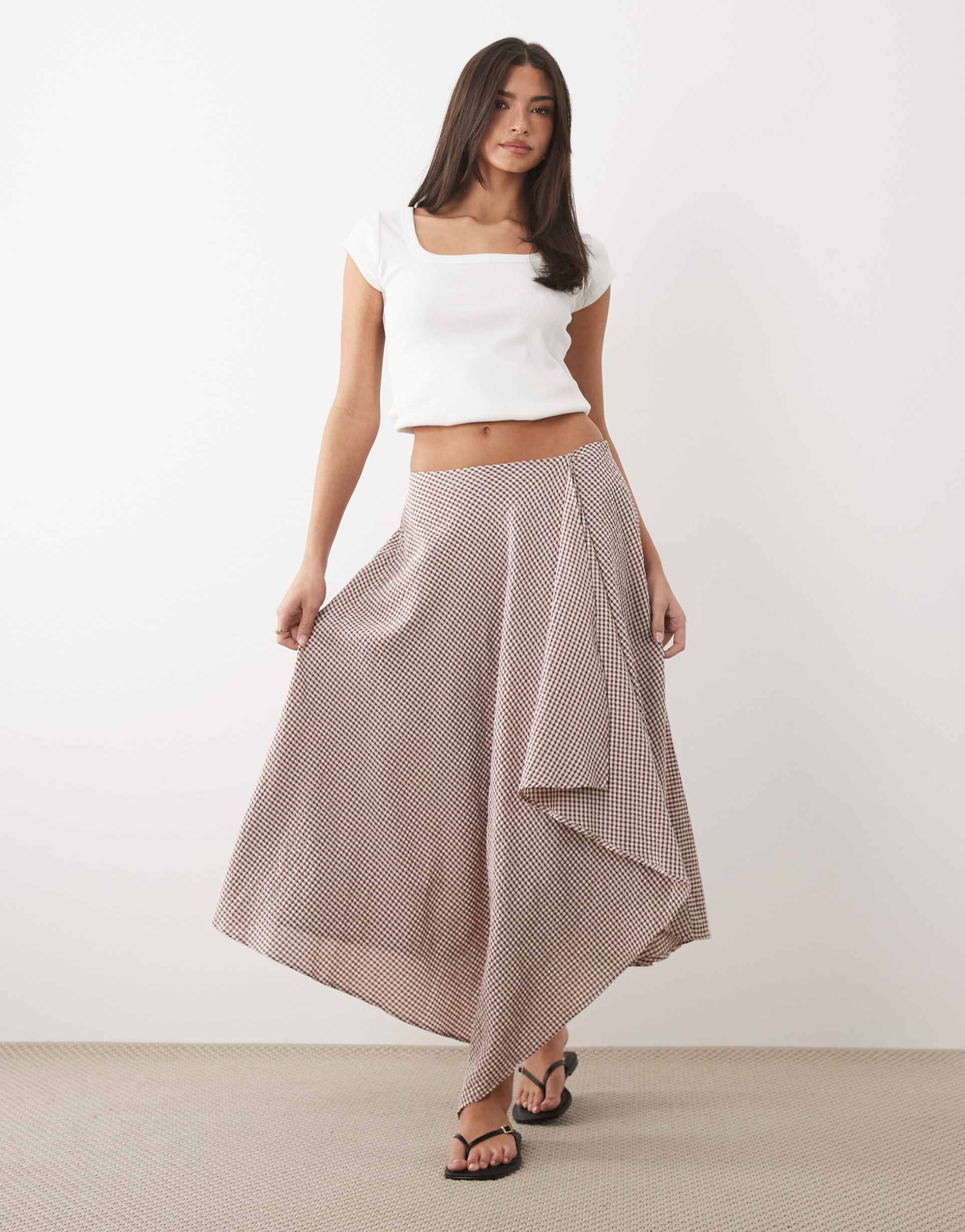 asos design hanky hem maxi skirt in brown plaid