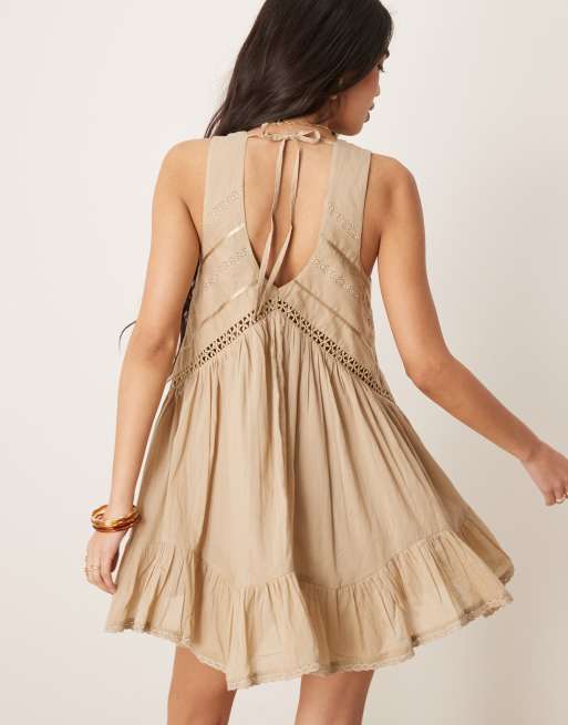 ASOS DESIGN hanky hem mini dress with scoop neck in putty