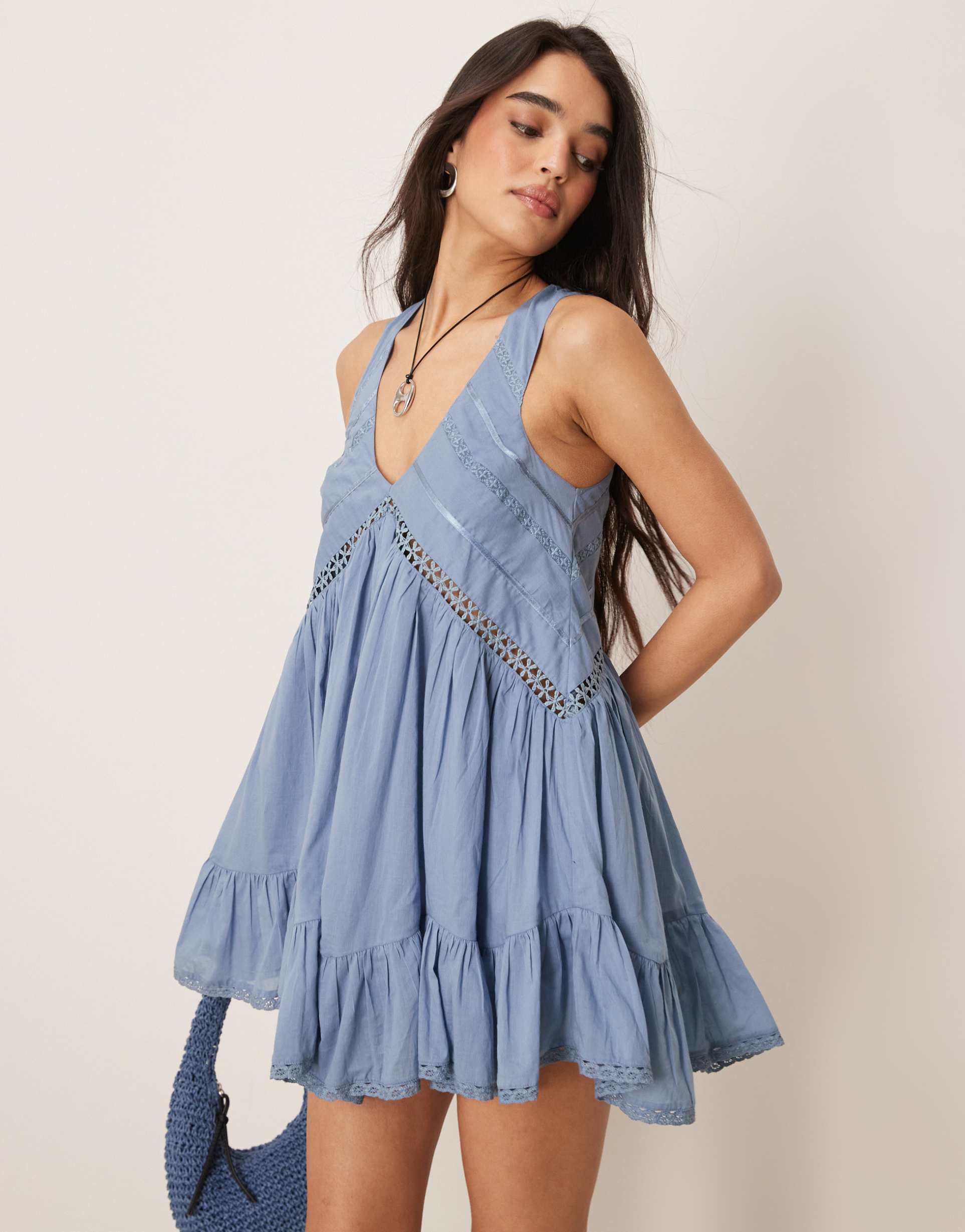 asos design hanky hem mini dress with scoop neck in washed blue