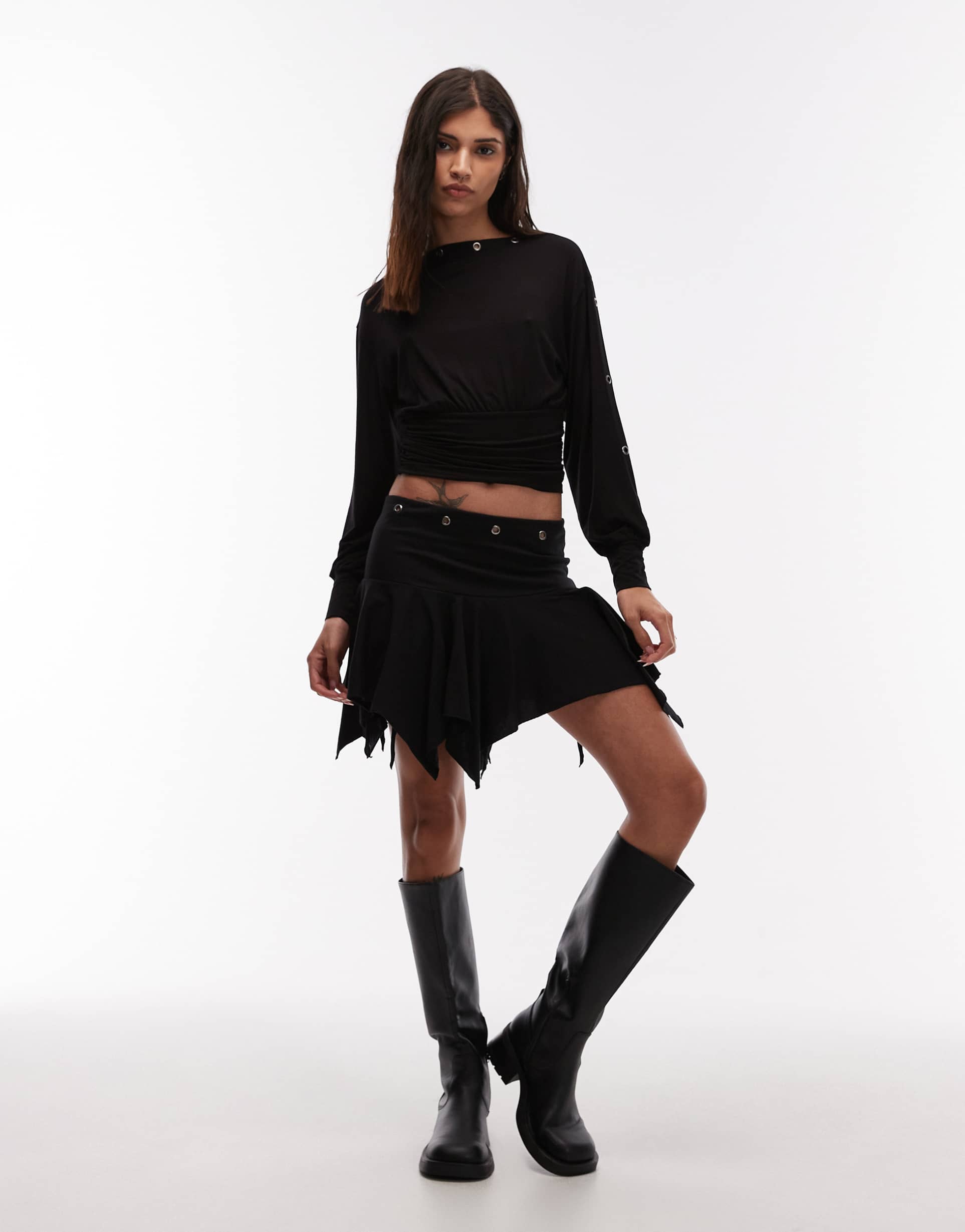 asos design hanky hem mini skirt with eyelet detail in black