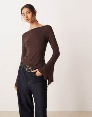 Asos Design Hanky Hem Sleeve Slash Neck Top In Brown