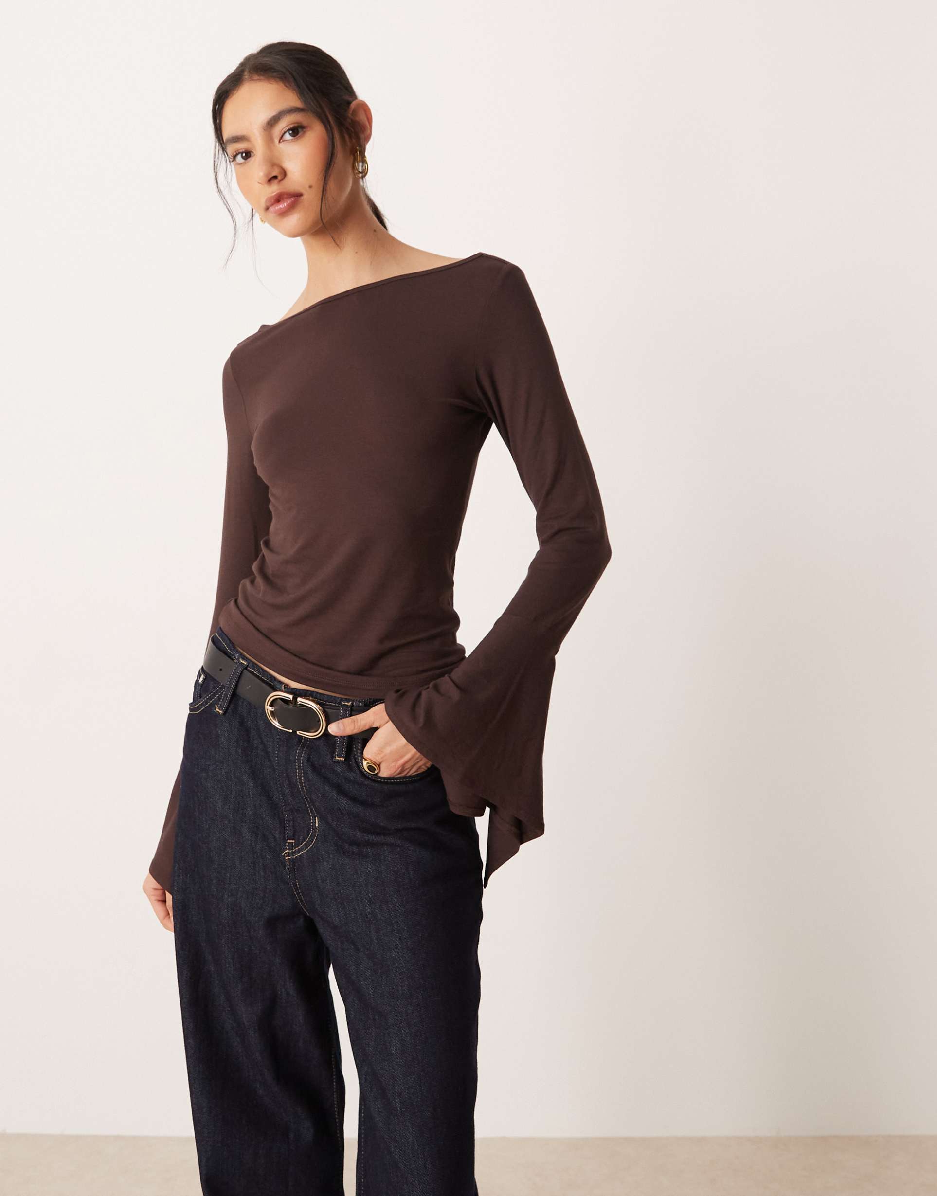 asos design hanky hem sleeve slash neck top in brown