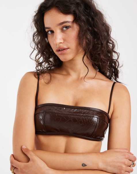 ASOS DESIGN Hannah reggiseno a fascia in rete effetto coccodrillo con spalline color cioccolato - view 1