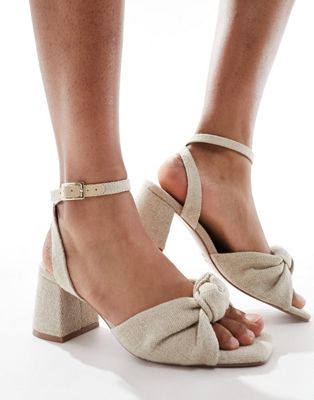 Shop Asos Design Hansel Knotted Mid Heeled Sandals In Natural Fabrication-neutral