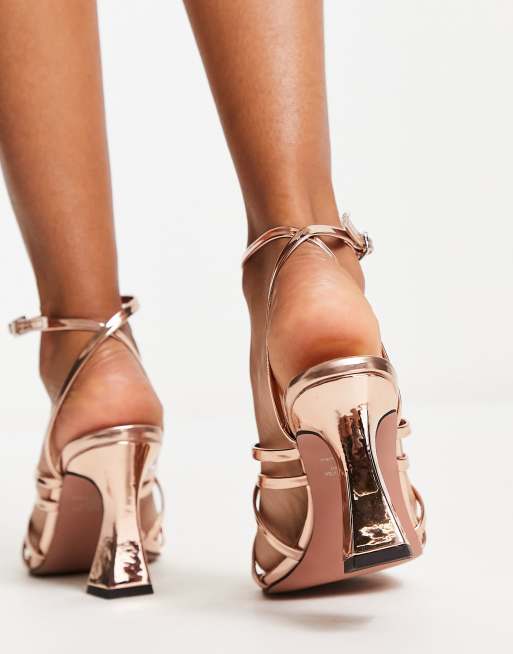 ASOS DESIGN Hitched bow detail mid block heeled sandals in gold