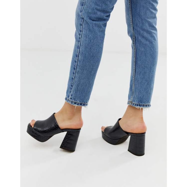 ASOS DESIGN Happy chunky platform mules in black croc ASOS