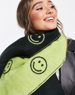 ASOS DESIGN happy face print jacquard scarf in black & yellow