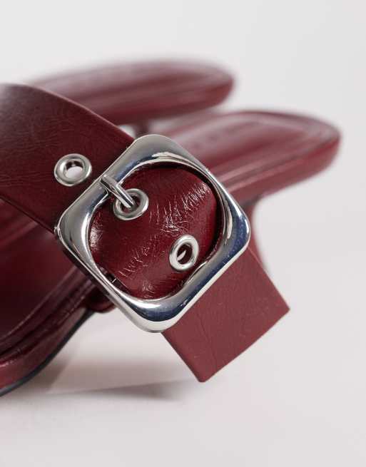 ASOS DESIGN Happy oversized buckle detail heeled mule sandals in burgundy, 2 of 4