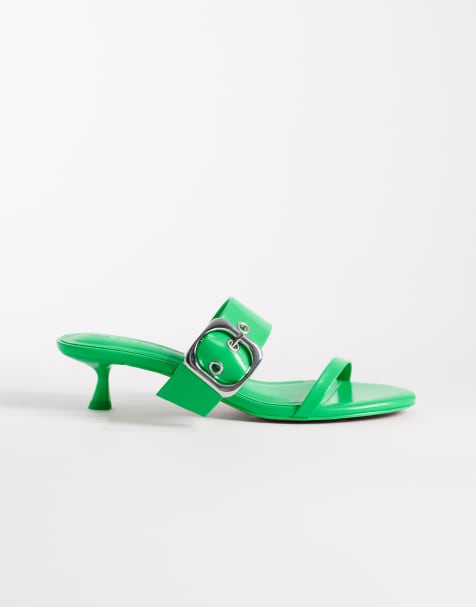 ASOS DESIGN Happy oversized buckle detail heeled mule sandals in green - view 1