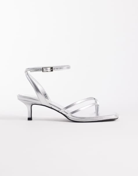 ASOS DESIGN Harbour minimal strappy toe thong kitten heel sandals in silver - view 1