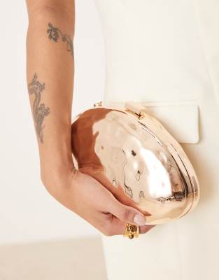 Asos Design Hard Case Hammered Abstract Clutch Bag With Cross Body Chain In Gold