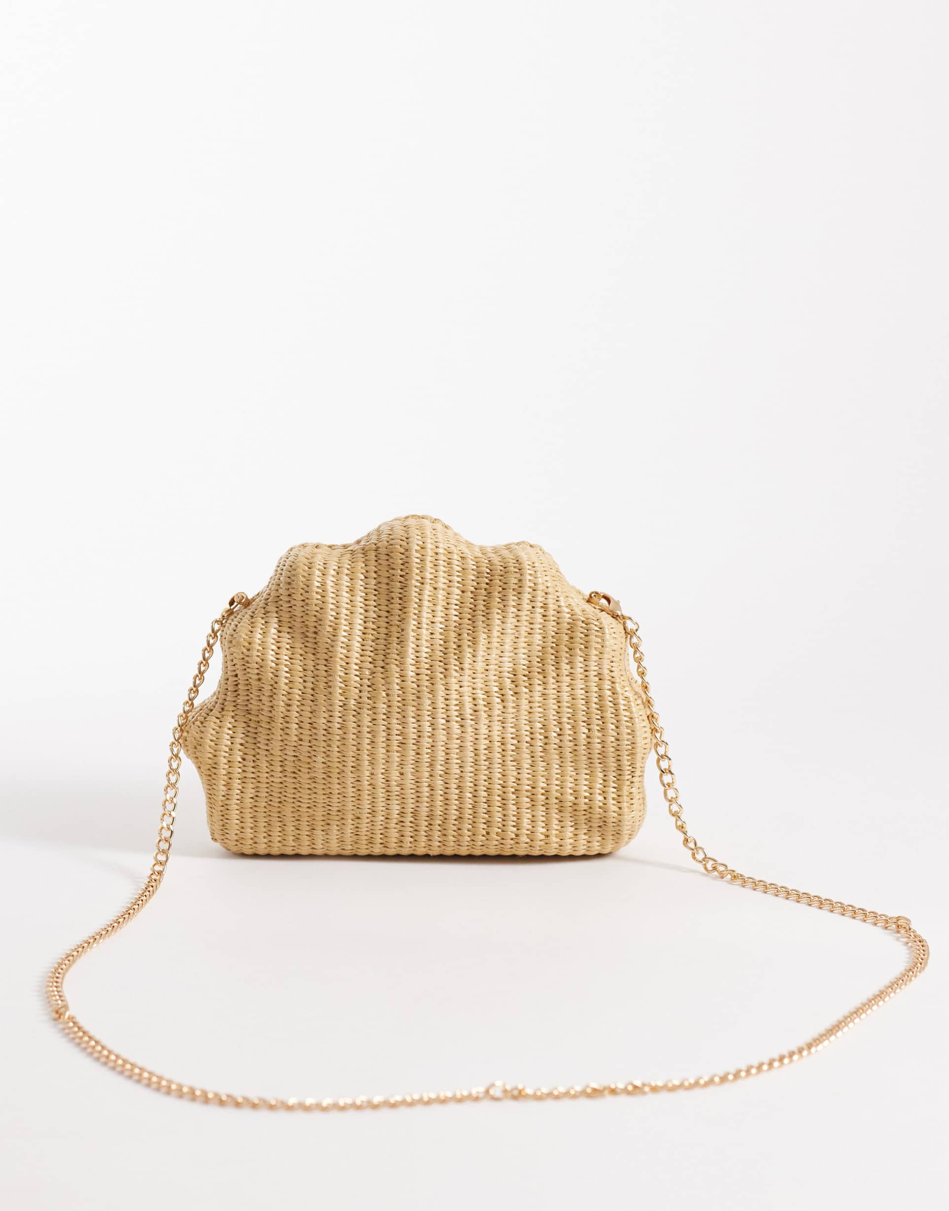 asos design hardbox shell straw clutch purse with chain cross body strap in natural