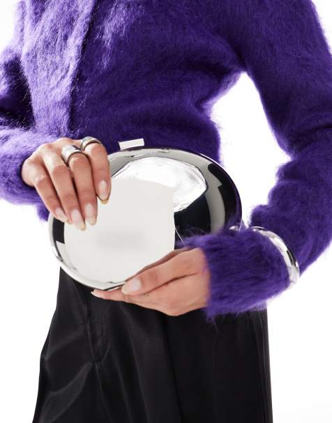 ASOS DESIGN - Harde clutch van metaal met crossbody ketting in glanzend zilver - view 1