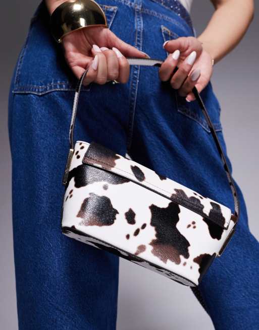 ASOS DESIGN hardware detail cow print shoulder bag in brown, 3 of 4